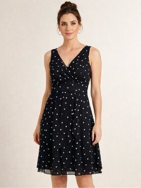 WHBM Black White Polka Dot Sz 12 Chiffon Dress Sleeveless V-Neck Wedding Guest